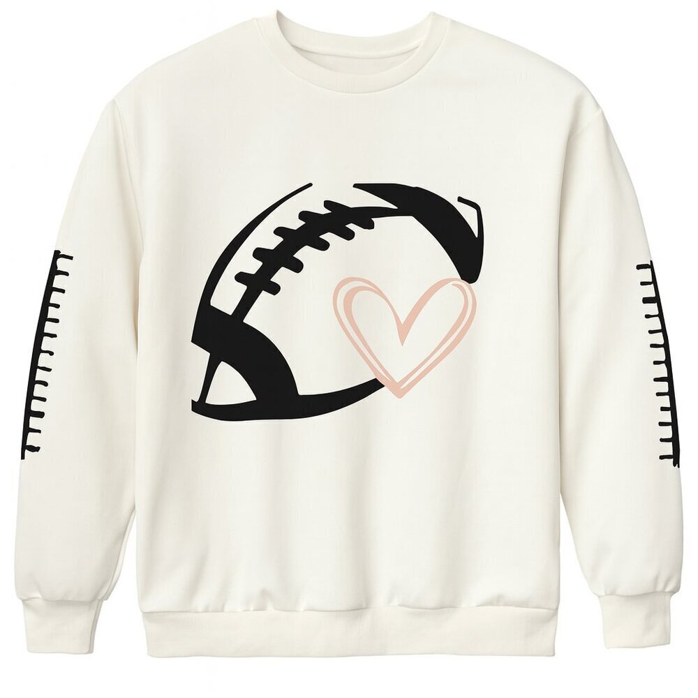 Cozy Football & Heart Cream Crewneck Sweatshirt NWOT Size S